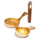 Two Russian birch kovsh, with chip carved decoration, one with a part bone handle, together with a