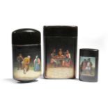 Three late 19th century Russian black lacquer papier-mache boxes, two by Vishniakov and decorated