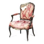 A Louis XV painted beechwood fauteuil cabriolet by Jean Baptist Lebas, with a cartouche shaped back,