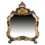 An Italian green japanned wall mirror in Rococo style, the shaped plate within a moulded frame, with