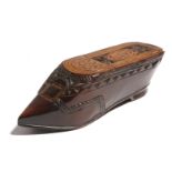 A late 19th century treen snuff shoe, with chip carved and polychrome decoration, with a sliding