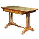 A George IV burr oak and satin birch writing table, with kingwood banding, the crossbanded top