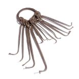 FIfteen iron lockpicks, on an iron key ring, possibly French, 18th century, 20.3cm long (max).