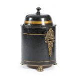 A Victorian black japanned tole coal box and cover, with parcel gilt decoration and cast lion's mask