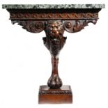 A pair of mahogany console tables in George II style, each with a verde antico marble top, above a