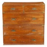 A Victorian mahogany campaign chest, in two halves, with brass mounts and two short and three long