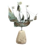 A folk art copper ship weather vane, in the form of the Golden Hind, with bellowing sales, mounted