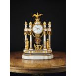 A Directoire ormolu and Carrara marble portico mantel clock by Lepine, the eight day brass cased