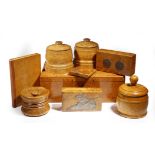 A collection of Russian karelian burr birch items, including: a pair of cylindrical boxes and