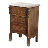 A French walnut miniature commode, with gilt metal mounts, the marble top above three drawers, early