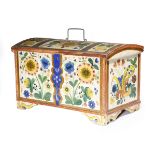 A Norwegian folk art painted pine trunk, decorated all over with panels of flowers, the domed lid