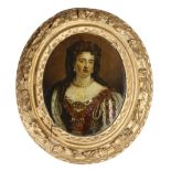 A rare pair of early 18th century oval reverse glass mezzotint portrait prints, of Queen Anne and