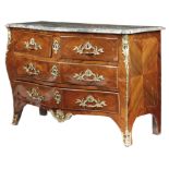 A Louis XV kingwood serpentine bombe commode, with ormolu mounts, with a Saint-Anne grey marble