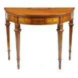 A late Victorian satinwood and marquetry demi-lune card table by Filmer, the crossbanded fold-over