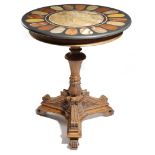 A late 19th century Italian pietra dura and walnut centre table, the circular tilt-top inlaid with