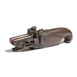 A 19th century treen pistol snuff box, carved as a double barrelled flintlock pistol, with a