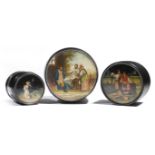 Three late 19th century Russian black lacquer papier-mache boxes, of cylindrical shape, painted with