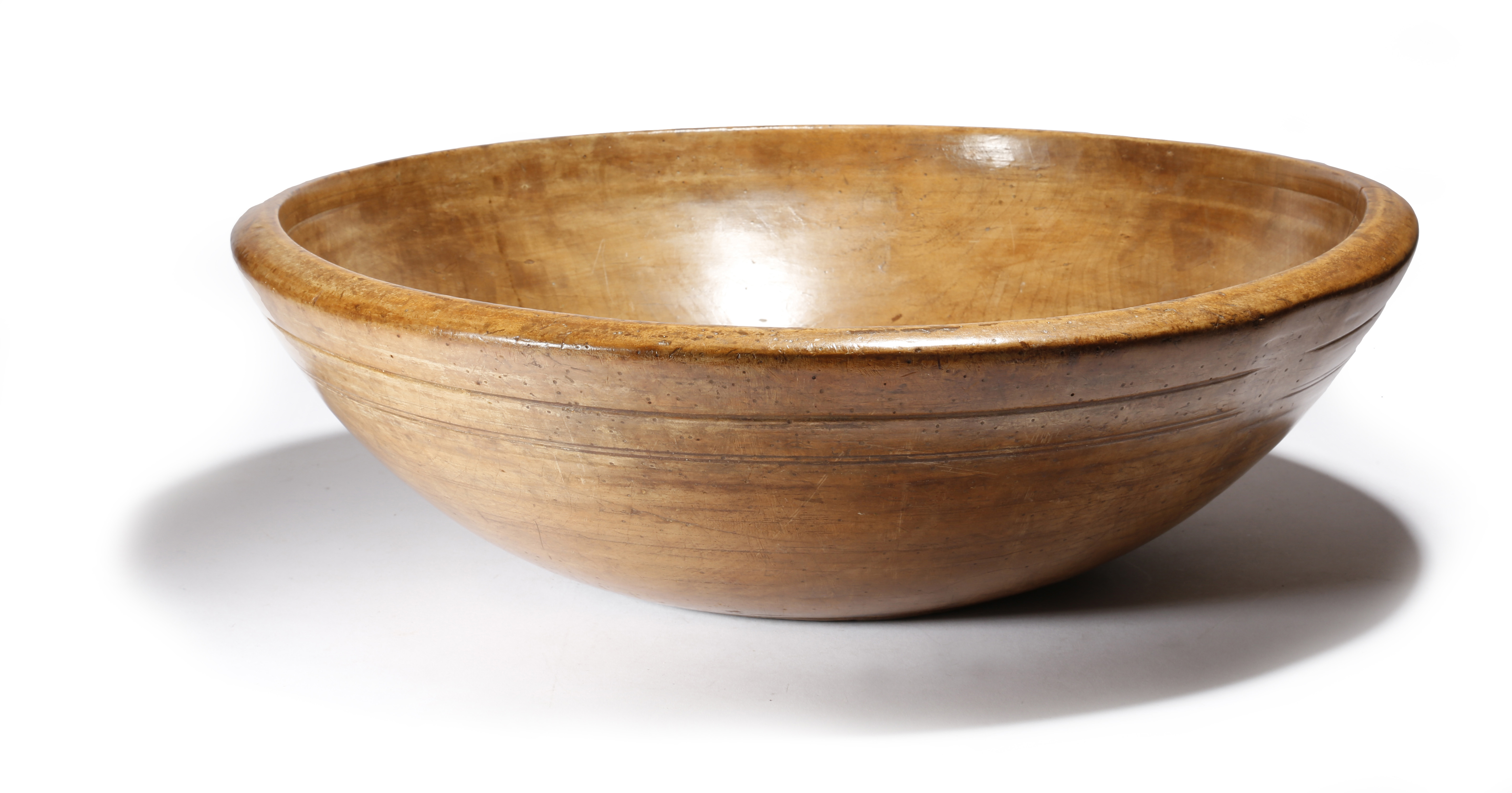 A very large Victorian treen turned sycamore dairy bowl, with reeded bands, 18.7cm high, 60.2cm