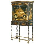 A late 17th century style green japanned escritoire on stand, decorated in gilt with chinoiserie,