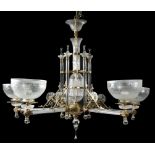 A glass and brass five-light chandelier in Aesthetic style, the saucer shape corona above a cut