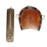 A late Victorian oak and fruitwood stirrup cup tray, in the form of a horseshoe, with brass