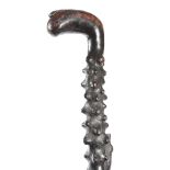 A Victorian folk art ebonised briar walking cane, the handle with a hinged snuff compartment, the