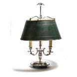 A French silver plated bouillotte lamp in Empire style, with an eagle finial above an adjustable