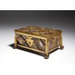 A 19th century agate and gilt metal mounted casket, decorated with lattice panels, on ball feet,