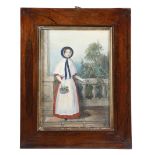 λ An early Victorian watercolour portrait of a young lady, standing on a terrace with a basket of