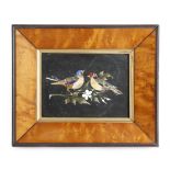 A late 19th century Italian Florentine pietra dura plaque, with two birds on a branch, 12 x 16.