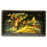 A Russian lacquer box, the hinged lid painted with a fairy tale scene, with a young man spying on