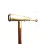 A brass and mahogany 'system' walking cane, the handle in the form of a three-draw telescope, with a