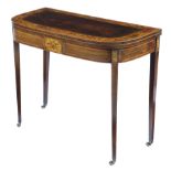 λ A George III Sheraton period rosewood and painted card table, the 'D' shape fold-over top banded