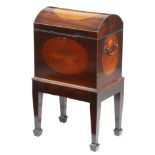 A George III mahogany teapoy, inlaid with barber's pole stringing and with satinwood oval panels,