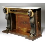 A French cast iron and gilt and patinated bronze console table in Empire style, the associated white