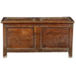 An early 18th century oak twin panelled coffer, the hinged lid enclosing an interior with a till,