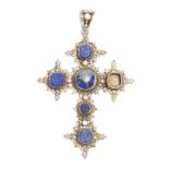 A late 17th century Spanish silver gilt and enamel pendant cross, inlaid with lapis lazuli cabochons
