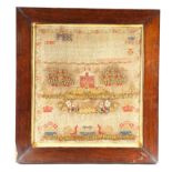 λ An early Victorian needlework sampler by Isabel Kelly, worked with a house flanked by trees, with