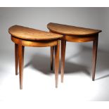 A rare pair of George III mahogany miniature demi-lune side tables, on square tapering legs, 42cm