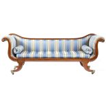 A late Regency mahogany scroll end sofa, with a detachable back, later covered with blue striped