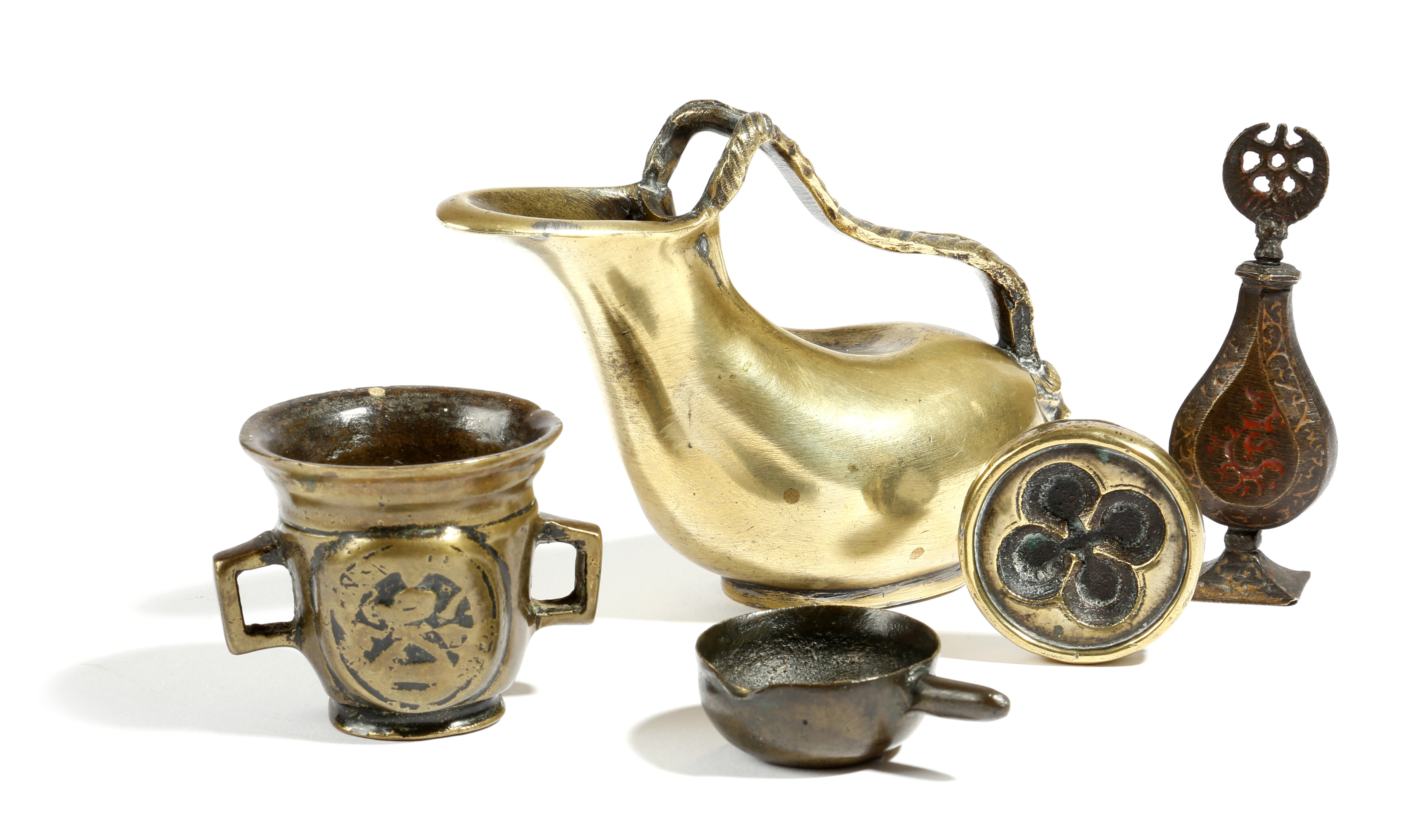 A small collection of bronze and brass items, comprising: a Grand Tour model of a Greek askos,