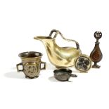 A small collection of bronze and brass items, comprising: a Grand Tour model of a Greek askos,