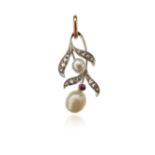 A foliate pendant mounted with two pearls and rose-cut diamond-set leaves, 2.5cm high