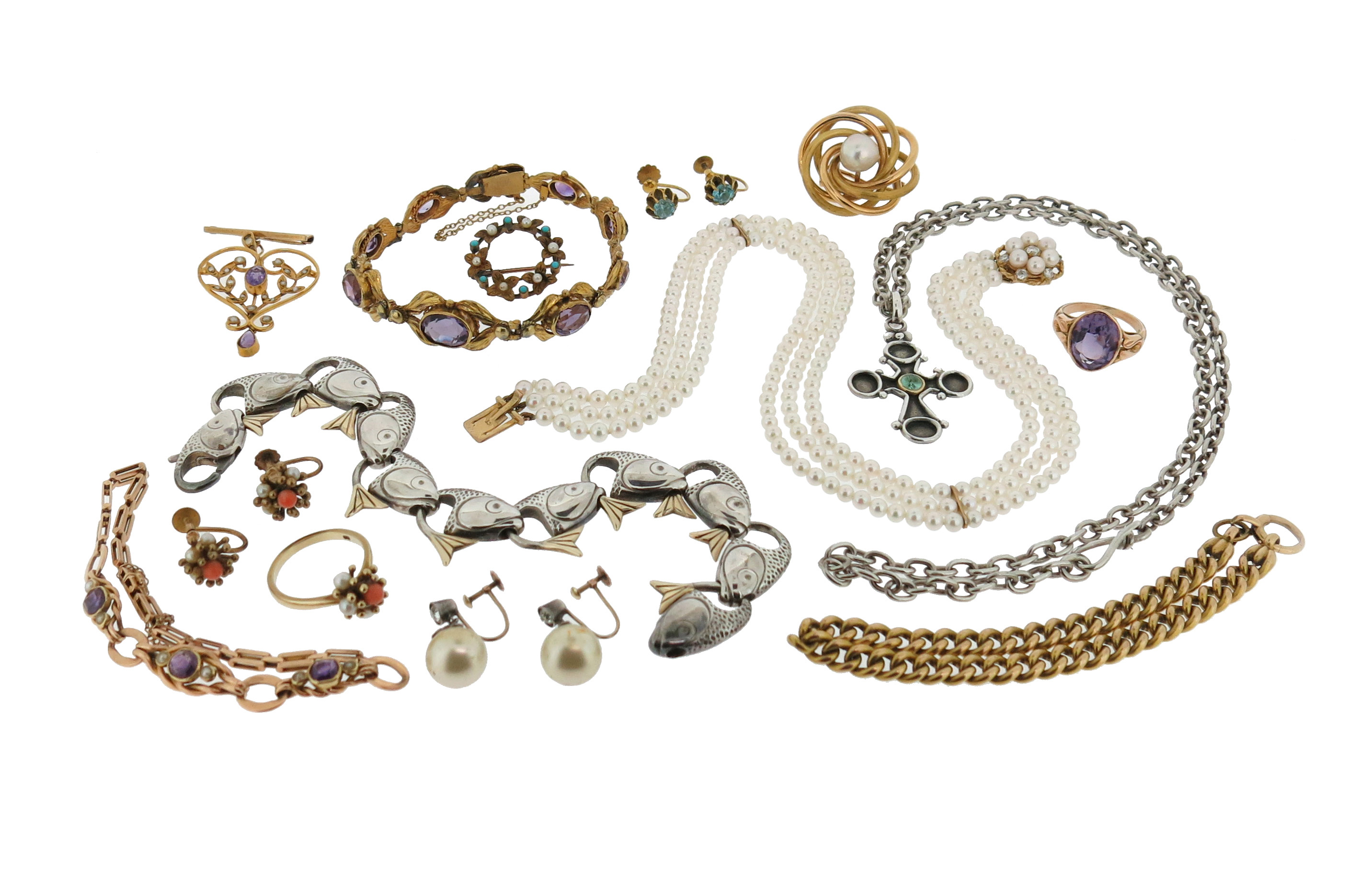 A quantity of jewellery, including an amethyst-set gold ring, an Edwardian amethyst and seed pearl-