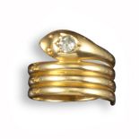 A Victorian diamond-set snake ring, the coiled serpent with a diamond-set head in yellow gold,