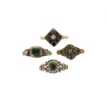 An emerald and two diamond-set 18th century gold ring, size M 1/2, an eight square-shaped garnet-set