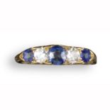 A Victorian sapphire and diamond five-stone ring, alternately-set with graduated sapphires and