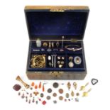 A jewellery casket with lift-out draw containing various items of jewellery, including an 18th