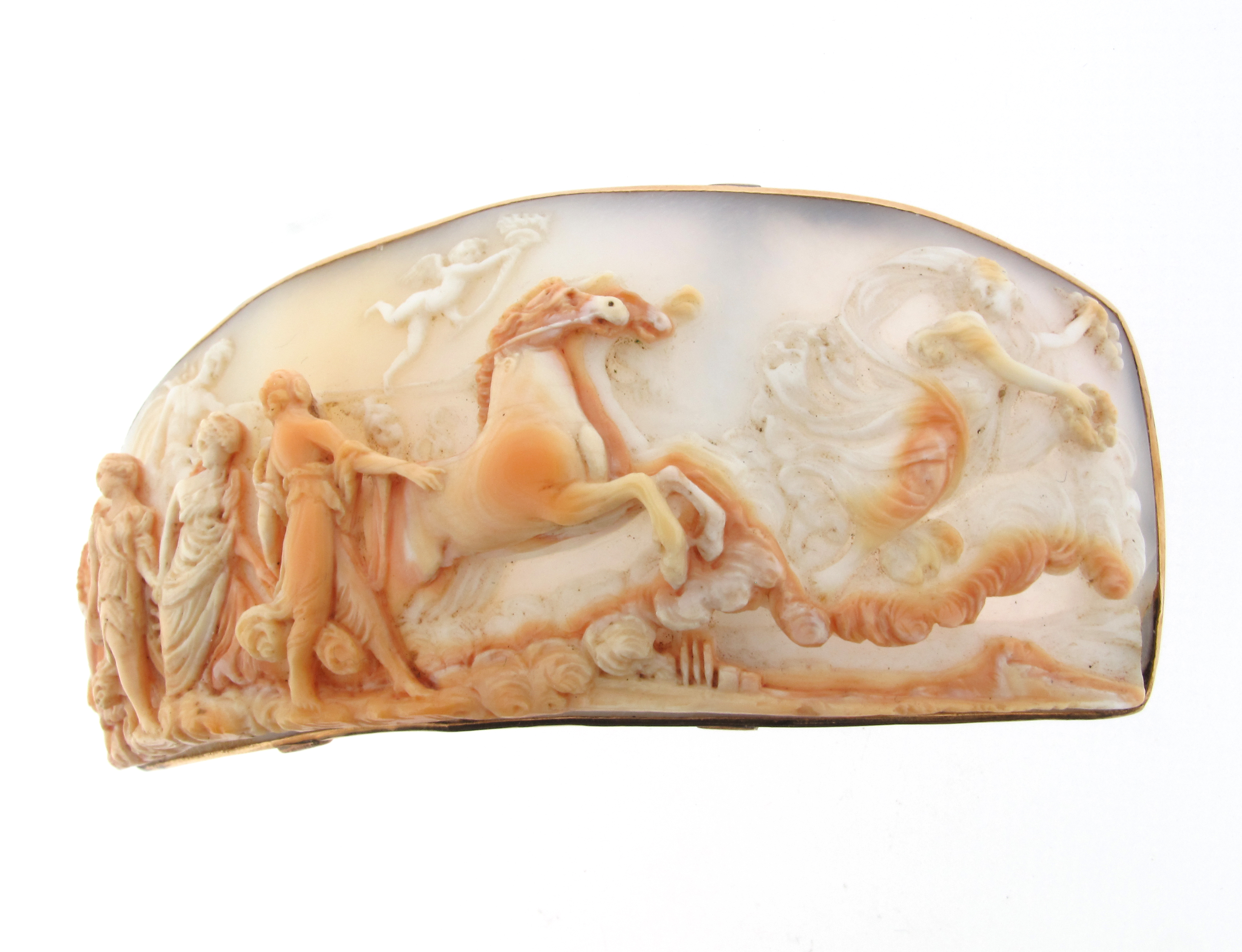 A 19th century carved shell cameo brooch, depicting Apollo driving the sun chariot, engraved in - Image 5 of 7
