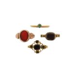 An early 18th century flat garnet (cracked) mounted gold ring, with interwoven shank, size L, a